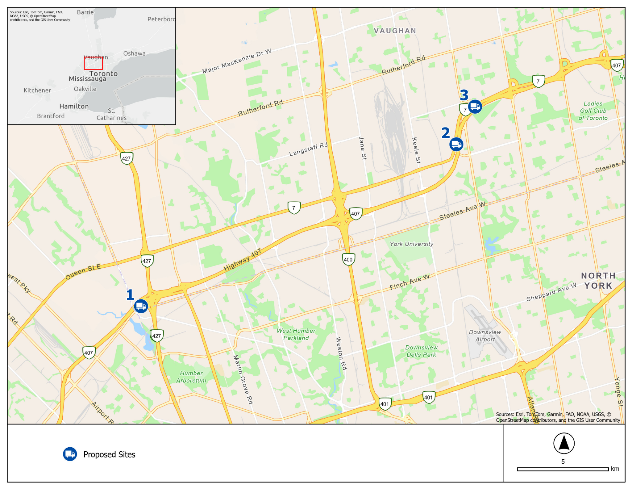Key map showing the three proposed truck parking facility locations in Vaughan, including Site 1 near Highway 427 and Highway 407 and Sites 2 and 3 near Dufferin Street, Highway 407 and Highway 7.