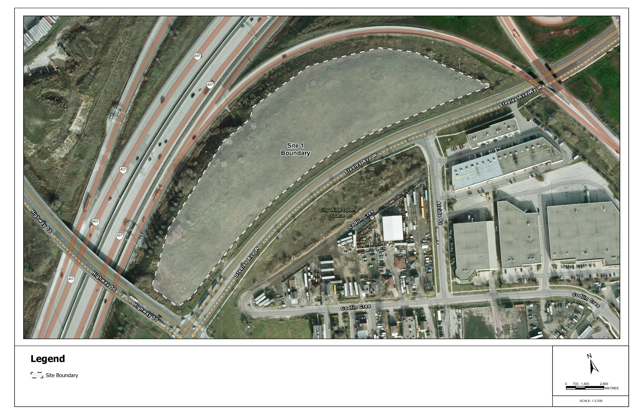 Final Site 1 map showing the proposed site on the west side of Highway 427, south of Highway 407, near Steeles Avenue West and Albion Road in Vaughan.